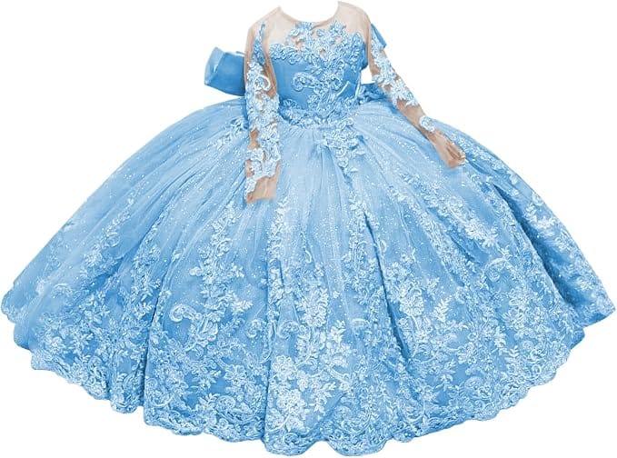 Sky Blue / 18m Sunnypetal Sparkling Long Sleeve Lace Tulle Flower Girl Dress with Glitter Appliqué &amp; Bow