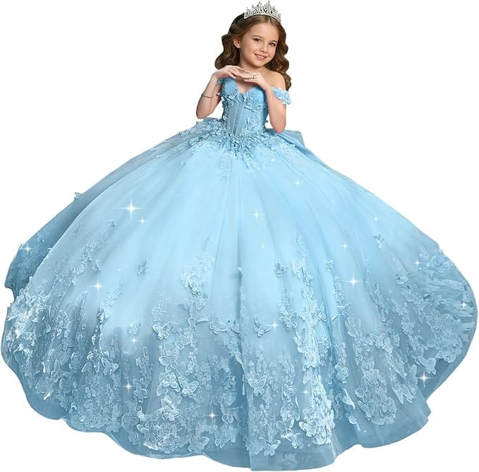 Sky Blue / 18m Sunnypetal Sweetheart Neck 3D Butterfly Tulle Flower Girl Dress with Big Bow