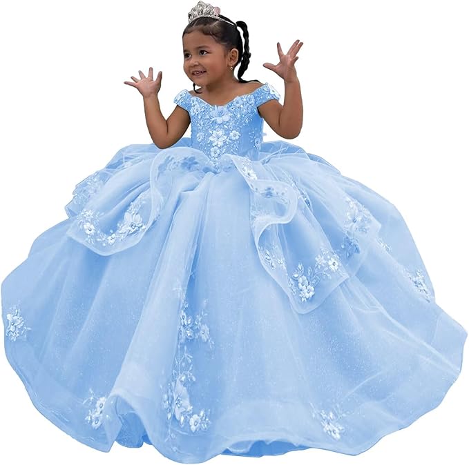 Sky Blue / 3m Sunnypetal Enchanted Sage Green Tulle Ball Gown Flower Girl Dress with Floral Appliqués