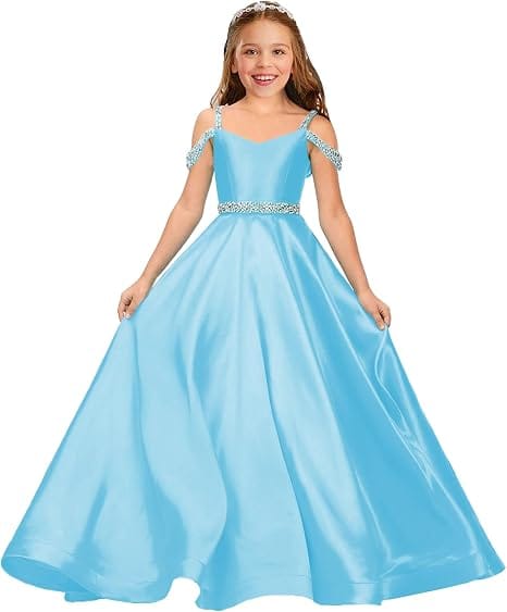 Sky Blue / 9m Sunnypetal Luxury Off-Shoulder Satin Rhinestone Flower Girl Princess Gown