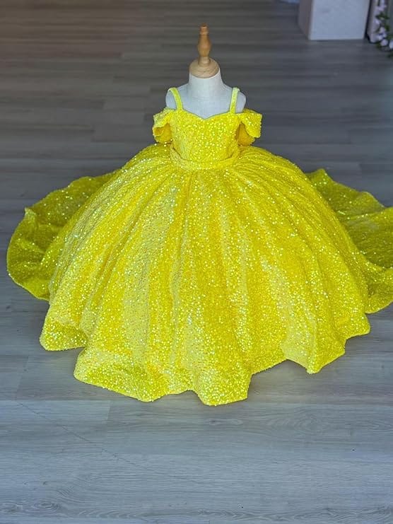 Sparkly Off-Shoulder Sequin Flower Girl Pageant Dress Princess Ball Gown with Bow