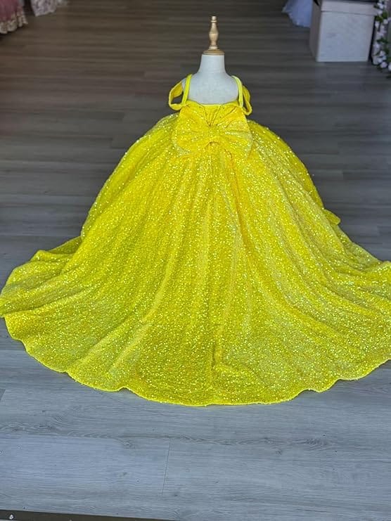 Sparkly Off-Shoulder Sequin Flower Girl Pageant Dress Princess Ball Gown with Bow