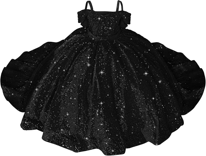 Sparkly Off-Shoulder Sequin Flower Girl Pageant Dress Princess Ball Gown with Bow