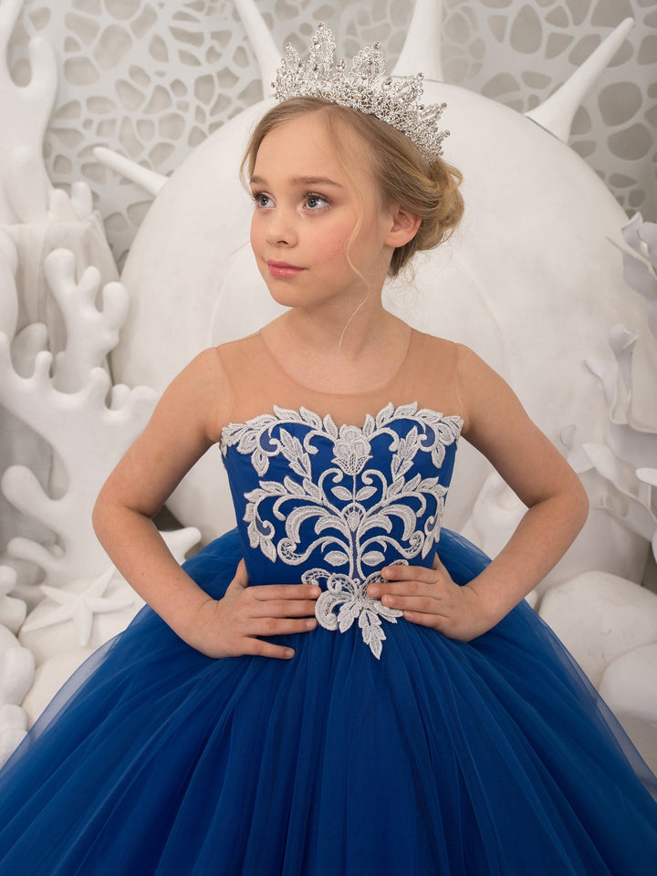 Sunnpetal Royal Blue Long Tulle Floral Appliques Ball-Gown Flower Girl Dress with Bow