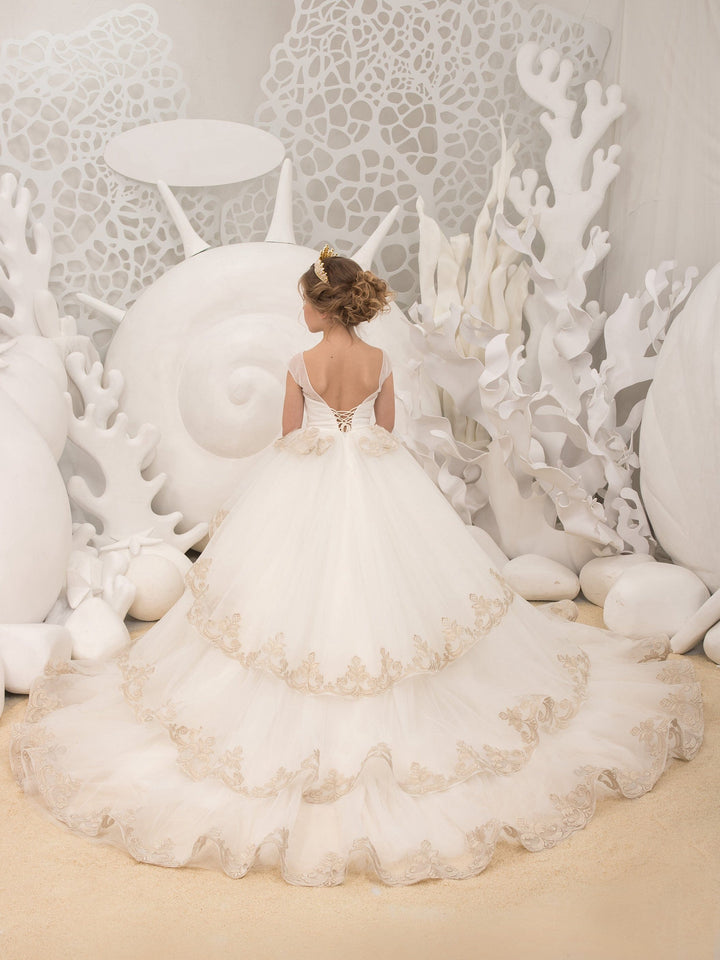 Sunnpetal White Multi-Layered Gold Embroidered Tulle Flower Girl Dress with Train