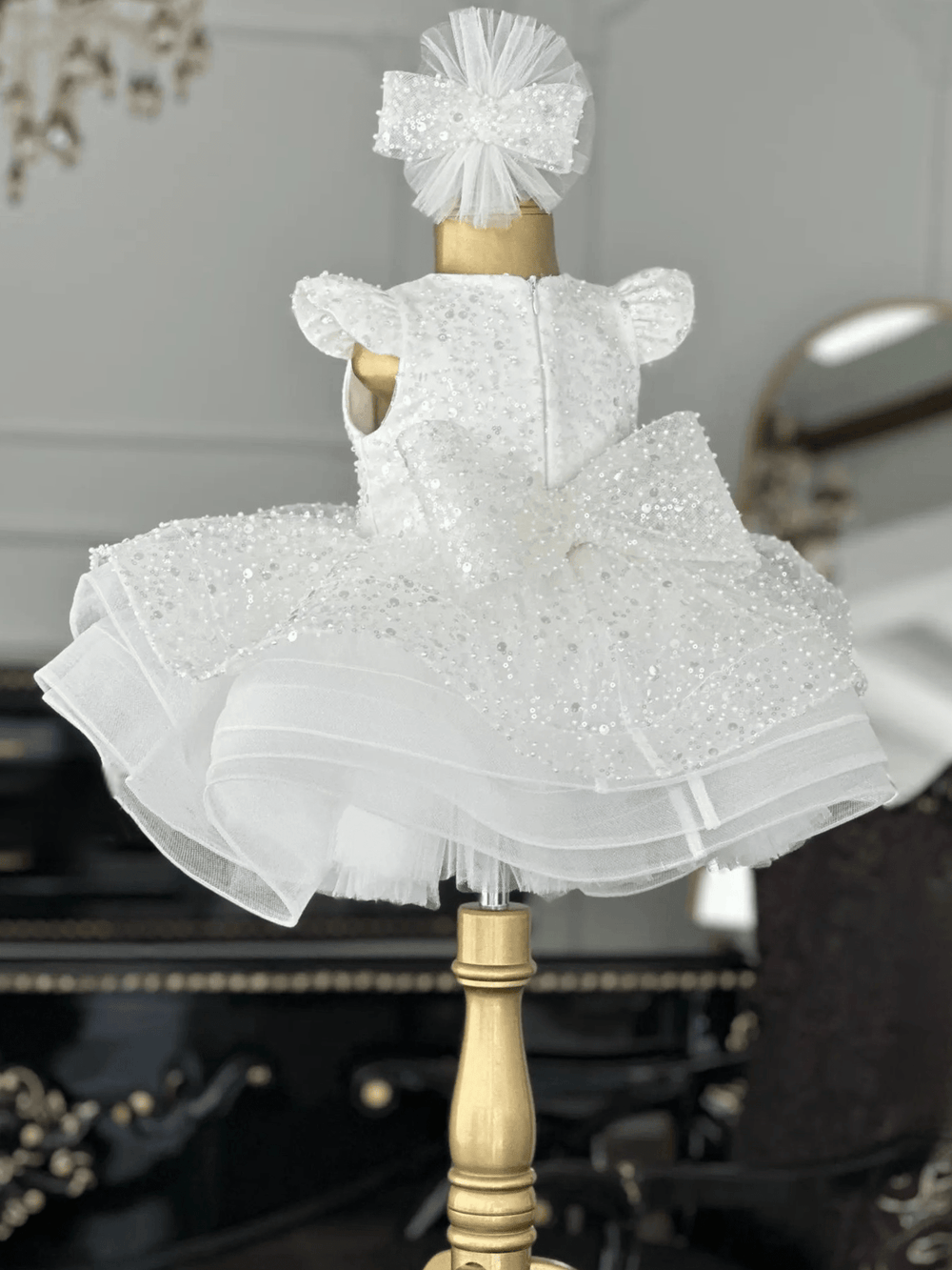 Sunnprtal Elegant White Sequin Satin & Tulle Wedding Flower Girl Dress