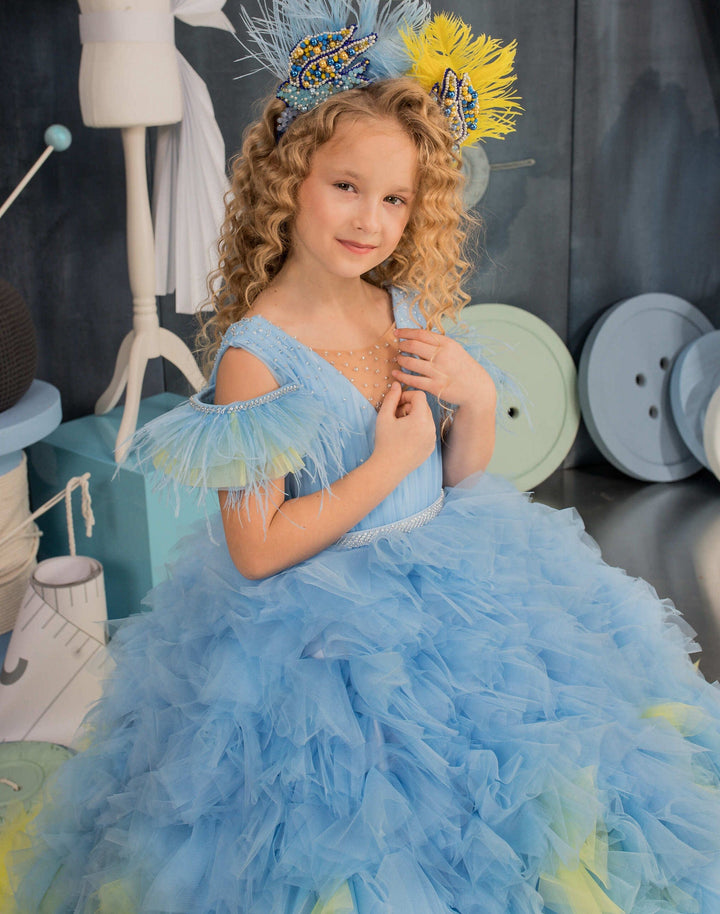 Sunnypeal Bright Blue and Yellow Ombre Fluffy Tulle Dress Pageant Birthday Ball-Gown