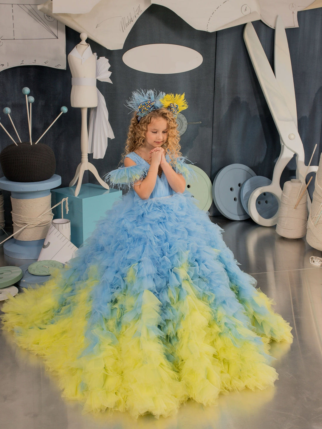 Sunnypeal Bright Blue and Yellow Ombre Fluffy Tulle Dress Pageant Birthday Ball-Gown