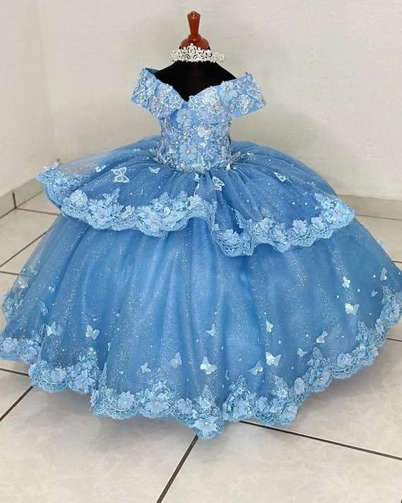 Sunnypeta lEnchanted Blue Sweetheart Tulle Flower Girl Gown with Floral Appliqués