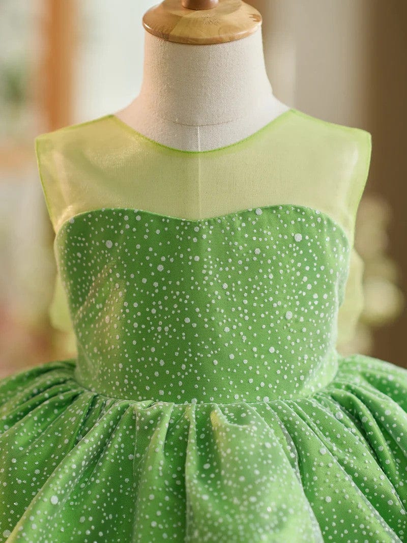 Sunnypetak Green Sleeveless Knee-length Toddler Birthday Dress wtih White Dots / Bow