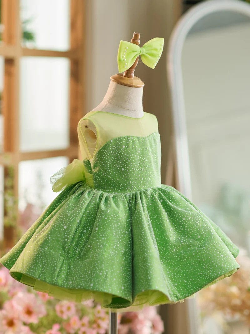 Sunnypetak Green Sleeveless Knee-length Toddler Birthday Dress wtih White Dots / Bow