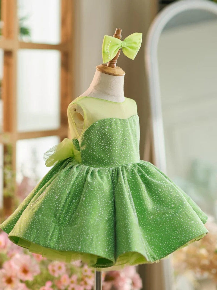 Sunnypetak Green Sleeveless Knee-length Toddler Birthday Dress wtih White Dots / Bow