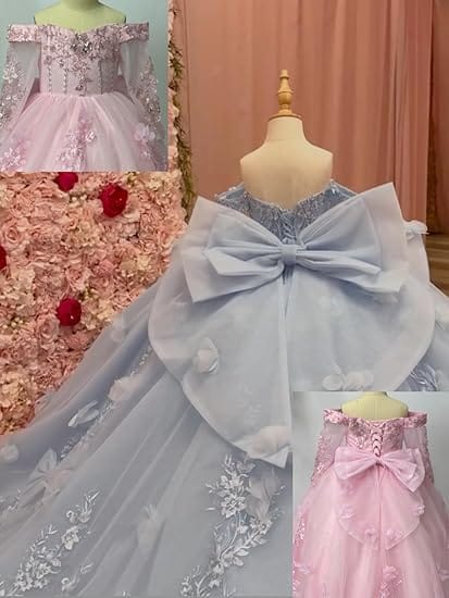 Sunnypetal 3D Floral Lace Appliqué Flower Girl Pageant Dress with Sleeves and Bow