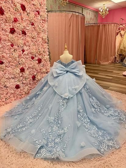 Sunnypetal 3D Floral Lace Appliqué Flower Girl Pageant Dress with Sleeves and Bow