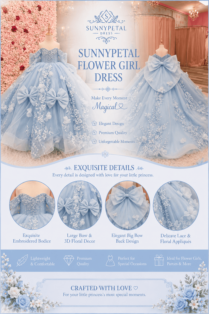 Sunnypetal 3D Floral Lace Appliqué Flower Girl Pageant Dress with Sleeves and Bow