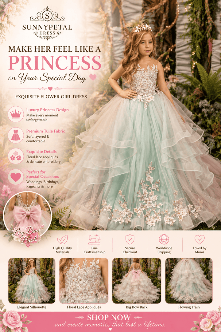 Sunnypetal 3D Floral Tulle Ruffles Flower Girl Dresses Pageant Long Princess Dress Ball Gown