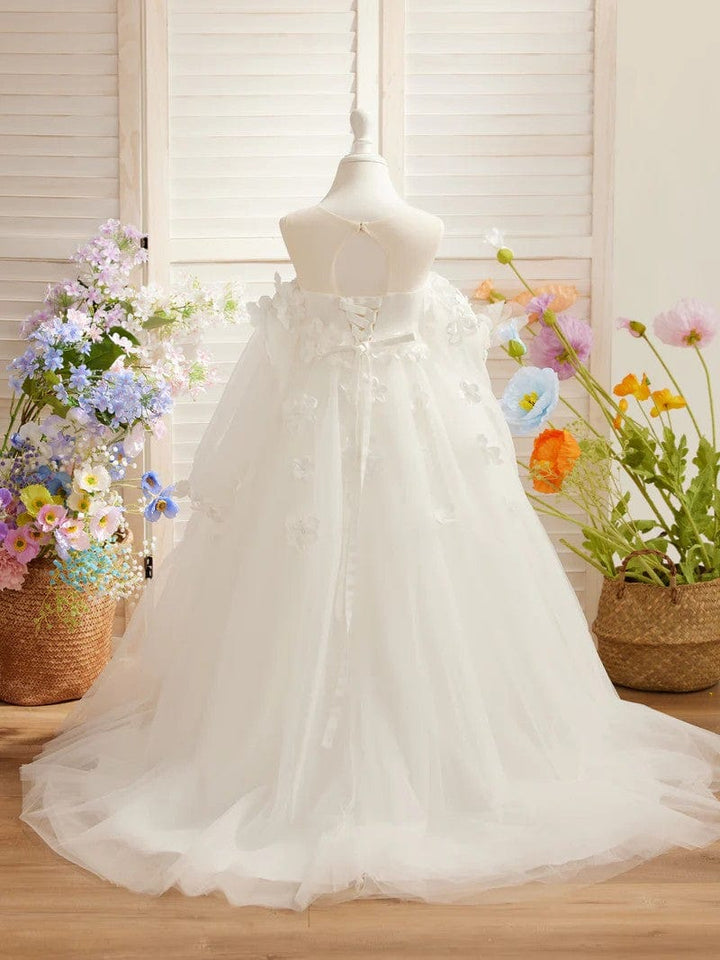 Sunnypetal 3D Flower Princess Ball Gown Off-Shoulder Long Sleeves Girl Birthday Pageant Dresses