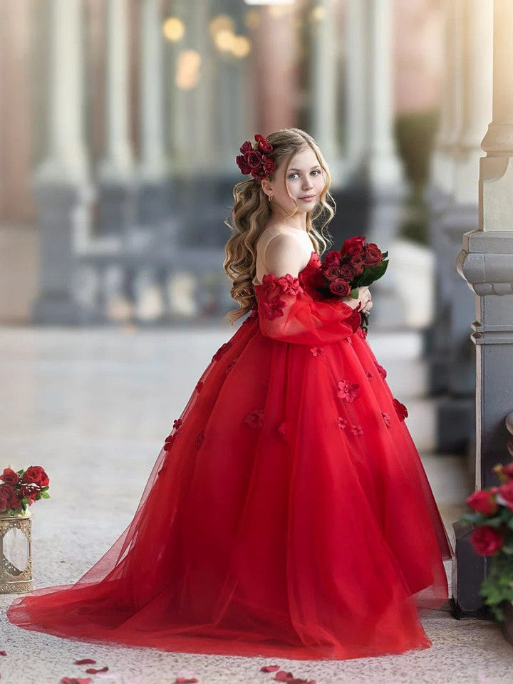 Sunnypetal 3D Flower Princess Ball Gown Off-Shoulder Long Sleeves Girl Birthday Pageant Dresses