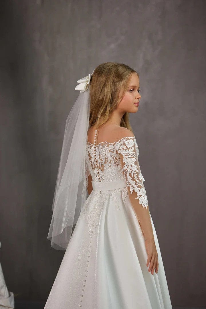 Sunnypetal A-Line Off-The-Shoulder Floral Appliques Sequins Satin Flower Girl Dresses
