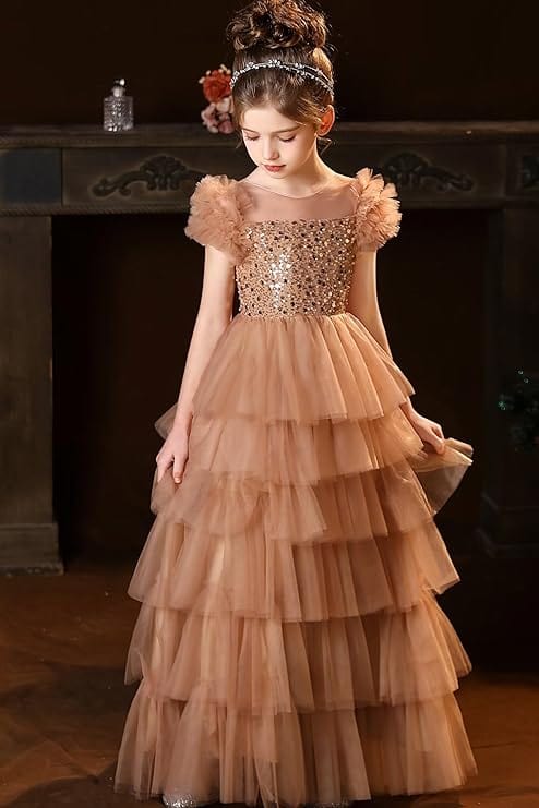 Sunnypetal A-Line Ruffles Sleeves Sequins Puffy Tulle Flower Girl Dresses Pageant Dress