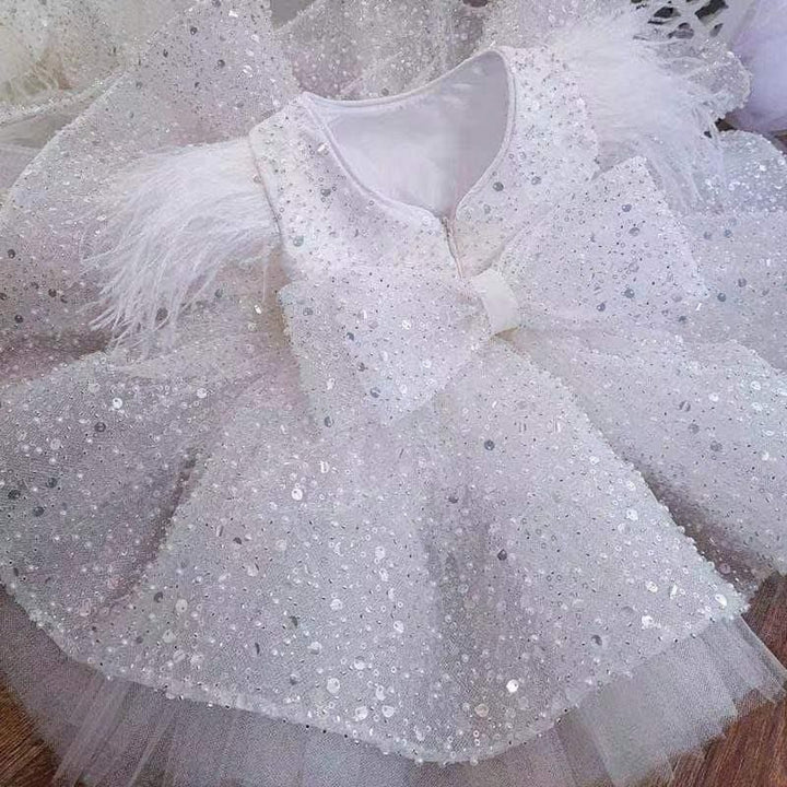 Sunnypetal Adorable Knee-Length Ball Gown Puff Sleeves Sequins Bow Baby Toddler Girl Dress