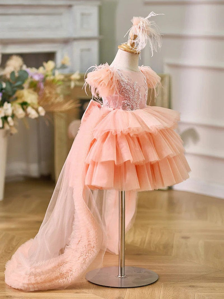 Sunnypetal Asymmetrical Ruffles Tulle Baby Girl Birthday Dress with Detachable Train