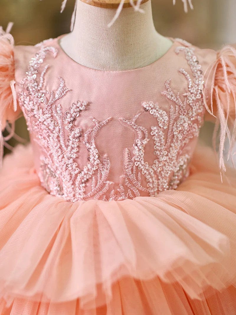 Sunnypetal Asymmetrical Ruffles Tulle Baby Girl Birthday Dress with Detachable Train