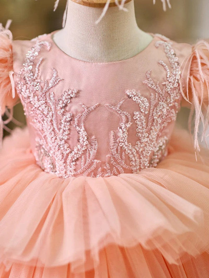 Sunnypetal Asymmetrical Ruffles Tulle Baby Girl Birthday Dress with Detachable Train