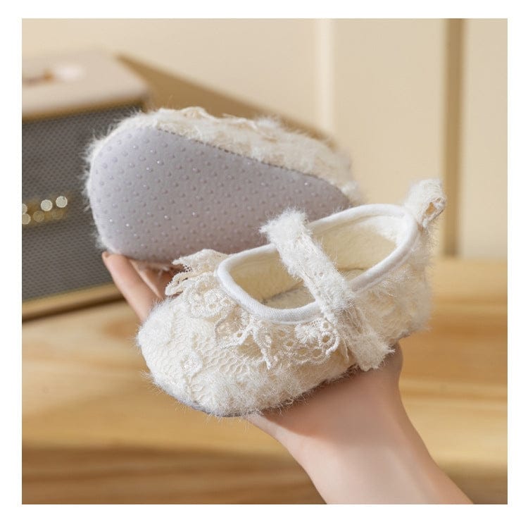 Sunnypetal Baby Lace Trim Plush Princess Shoes – Soft Sole Non-Slip Crib Shoes