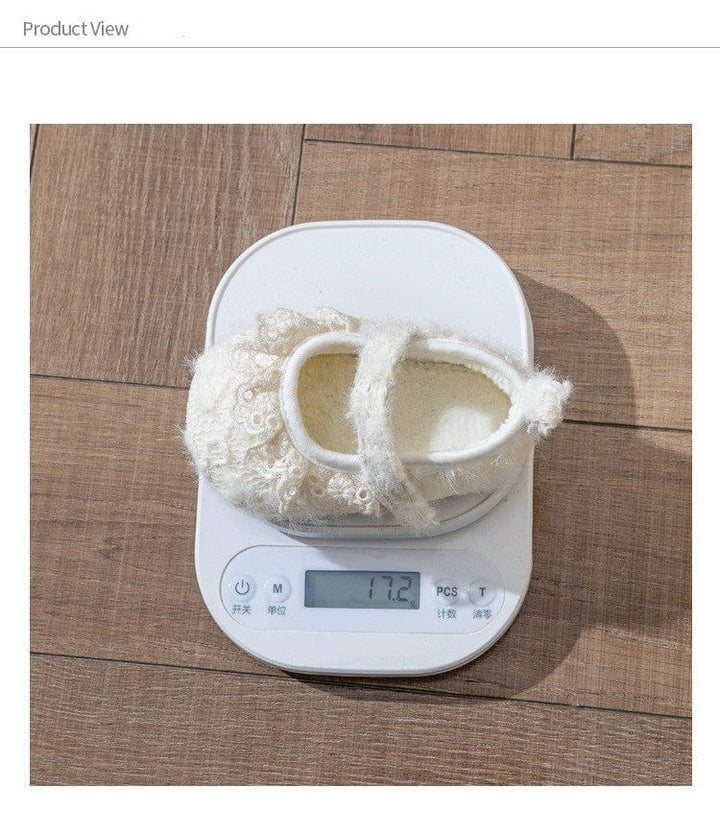 Sunnypetal Baby Lace Trim Plush Princess Shoes – Soft Sole Non-Slip Crib Shoes