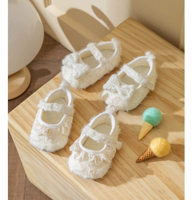 Sunnypetal Baby Lace Trim Plush Princess Shoes – Soft Sole Non-Slip Crib Shoes