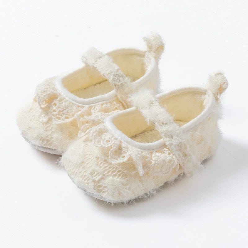 Sunnypetal Baby Lace Trim Plush Princess Shoes – Soft Sole Non-Slip Crib Shoes