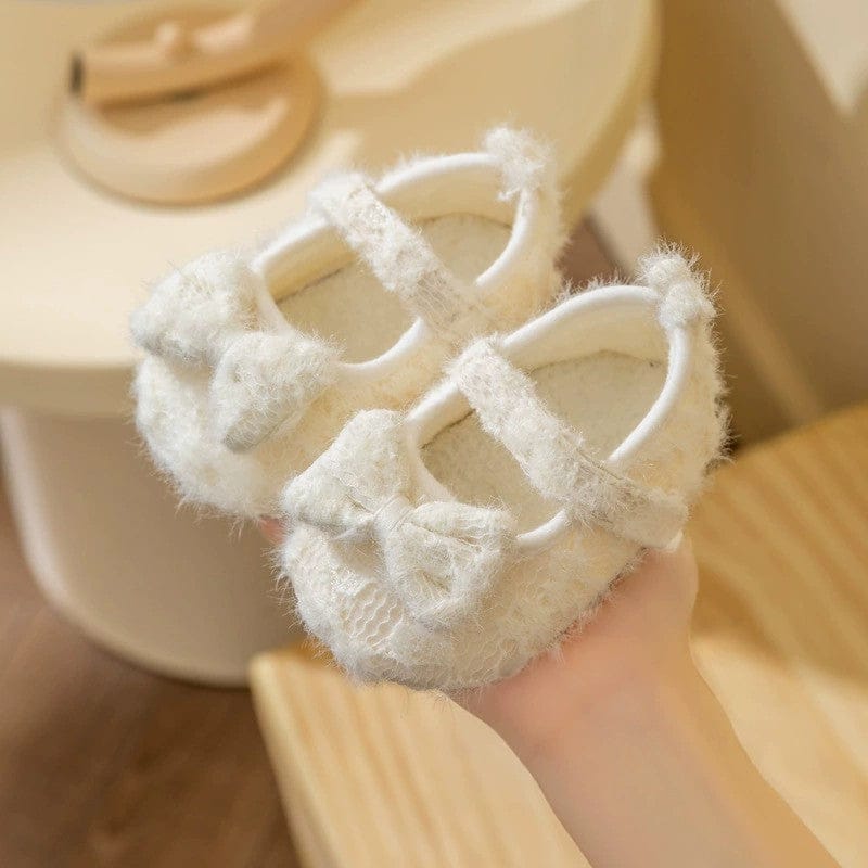 Sunnypetal Baby Lace Trim Plush Princess Shoes – Soft Sole Non-Slip Crib Shoes