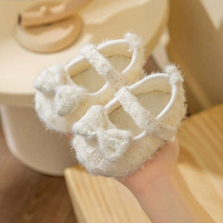 Sunnypetal Baby Lace Trim Plush Princess Shoes – Soft Sole Non-Slip Crib Shoes