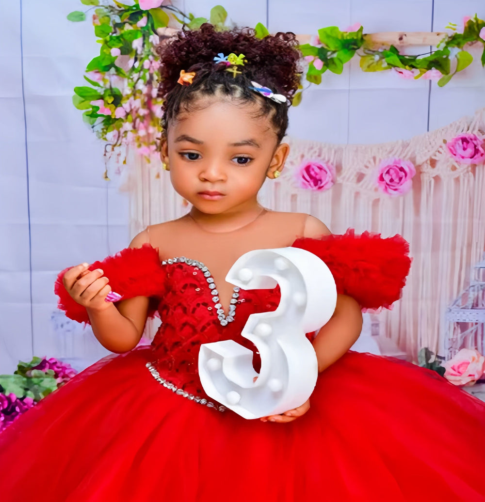 Sunnypetal Ball Gown Red Kids Birthday Pleated Ruffles Tiered Tulle Flower Girl Dresses