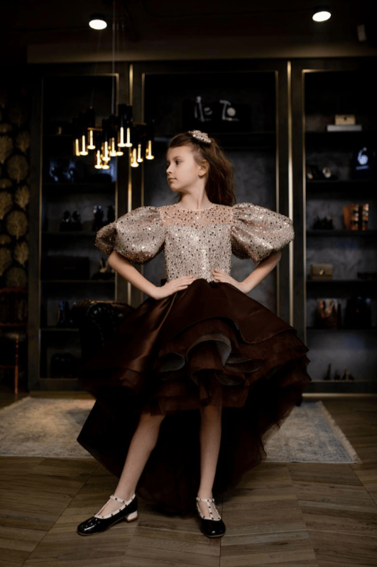 SunnyPetal Beige Brown Puff Sleeve Princess Flower Girl Dress with Asymmetrical Hem &amp; Bow