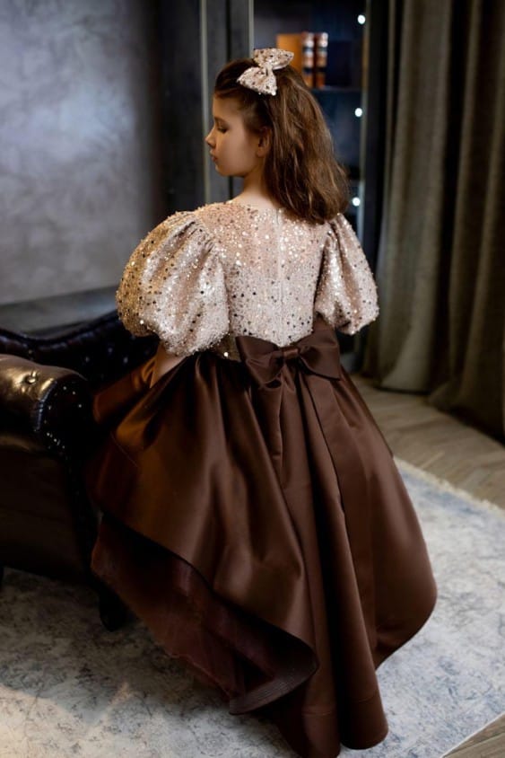 SunnyPetal Beige Brown Puff Sleeve Princess Flower Girl Dress with Asymmetrical Hem &amp; Bow
