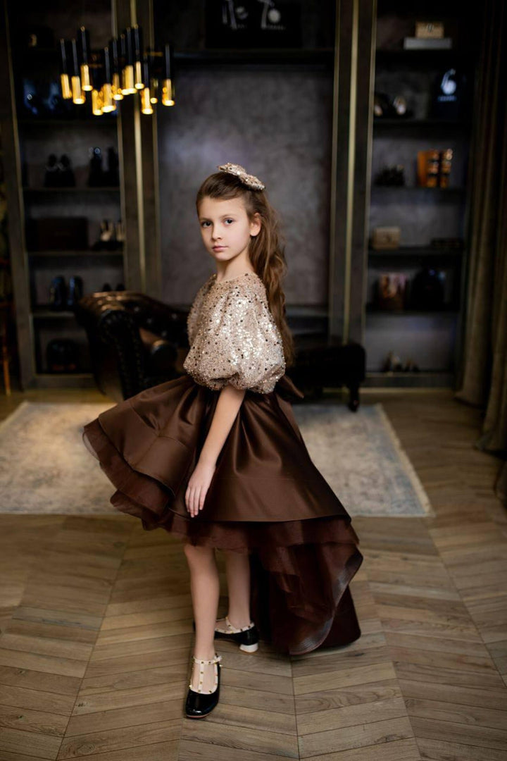 SunnyPetal Beige Brown Puff Sleeve Princess Flower Girl Dress with Asymmetrical Hem &amp; Bow
