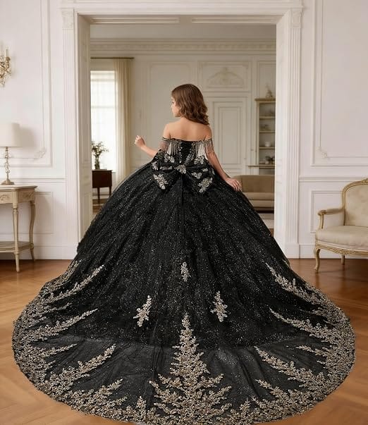 Sunnypetal Black Off-Shoulder Floral Embroidery Flower Girl Ball Gown