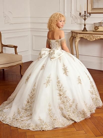 Sunnypetal Black Off-Shoulder Floral Embroidery Flower Girl Ball Gown