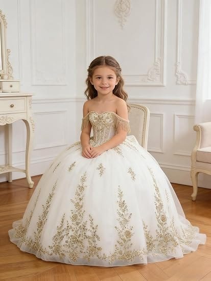 Sunnypetal Black Off-Shoulder Floral Embroidery Flower Girl Ball Gown