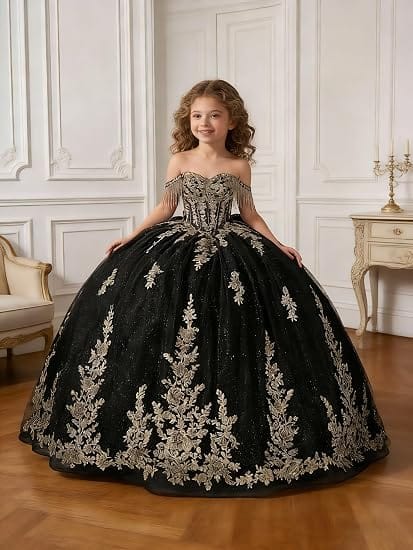 Sunnypetal Black Off-Shoulder Floral Embroidery Flower Girl Ball Gown
