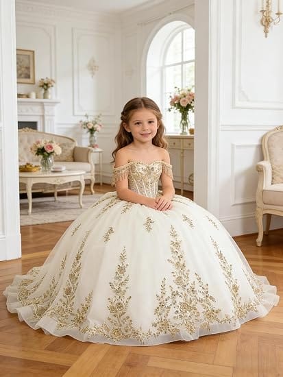 Sunnypetal Black Off-Shoulder Floral Embroidery Flower Girl Ball Gown