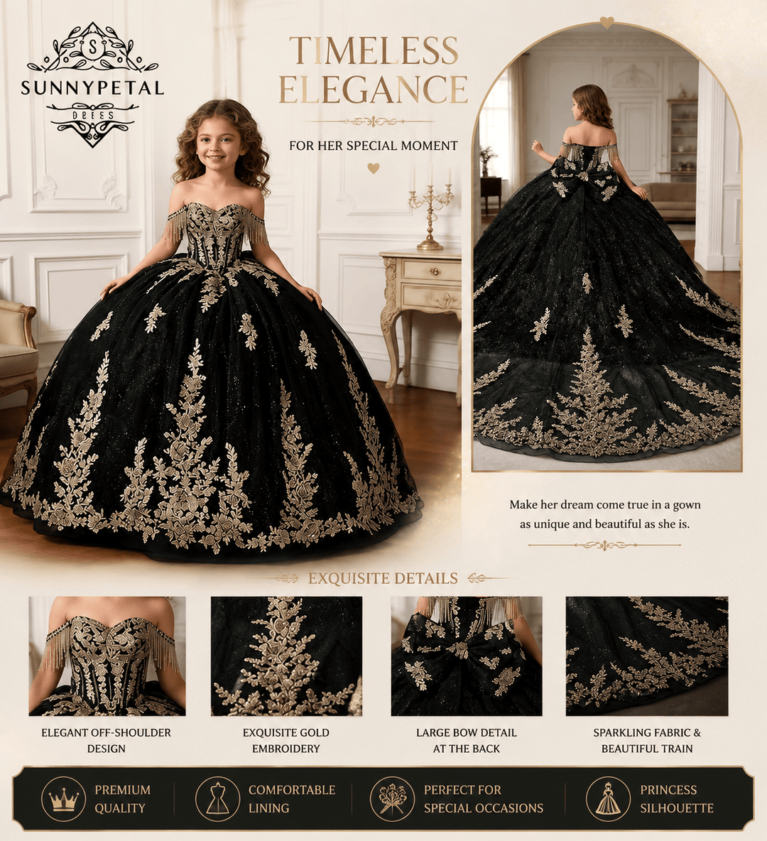 Sunnypetal Black Off-Shoulder Floral Embroidery Flower Girl Ball Gown