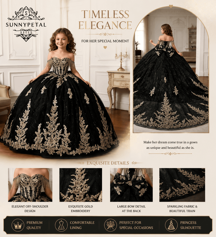 Sunnypetal Black Off-Shoulder Floral Embroidery Flower Girl Ball Gown