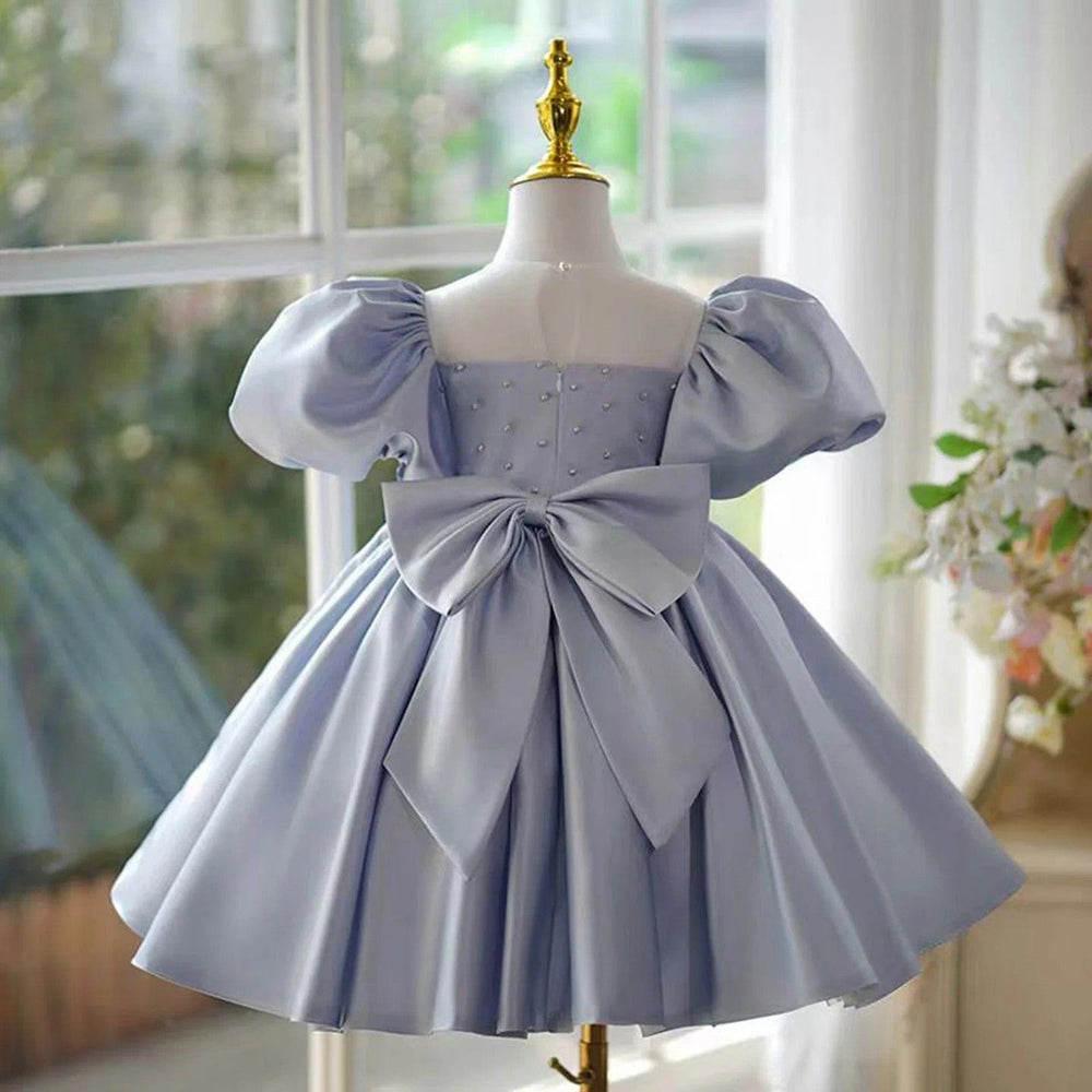 Sunnypetal Blue Kids 1st Toddler Birthday Dress with Bow&Pearls