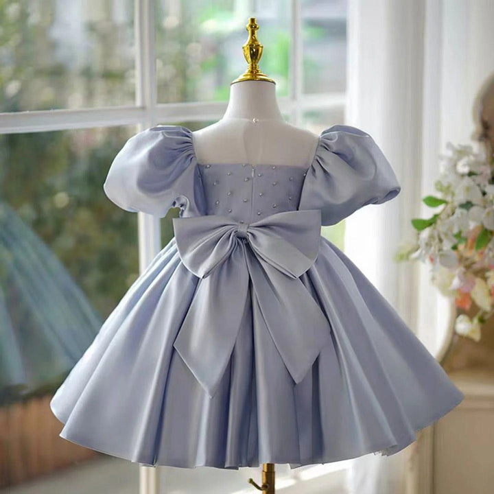 Sunnypetal Blue Kids 1st Toddler Birthday Dress with Bow&Pearls