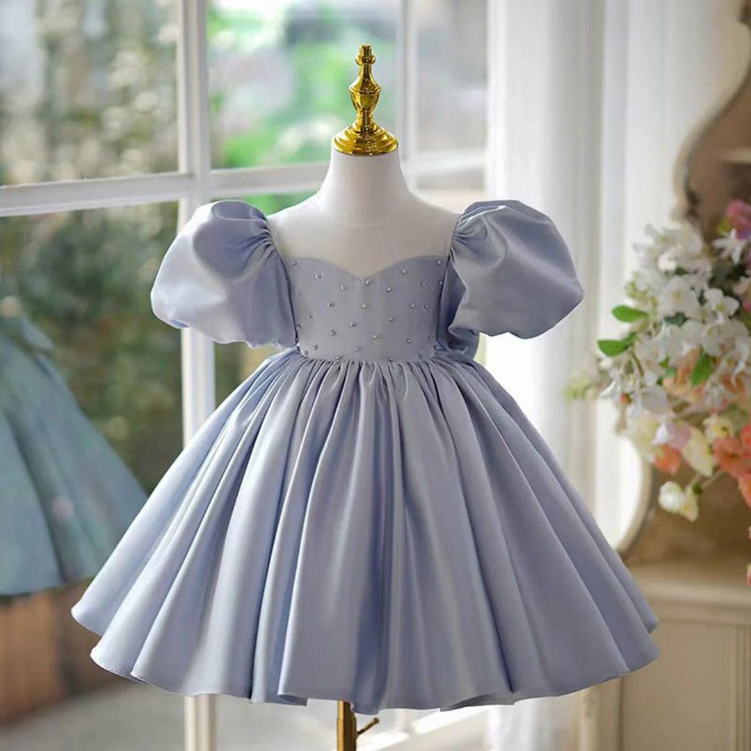 Sunnypetal Blue Kids 1st Toddler Birthday Dress with Bow&Pearls