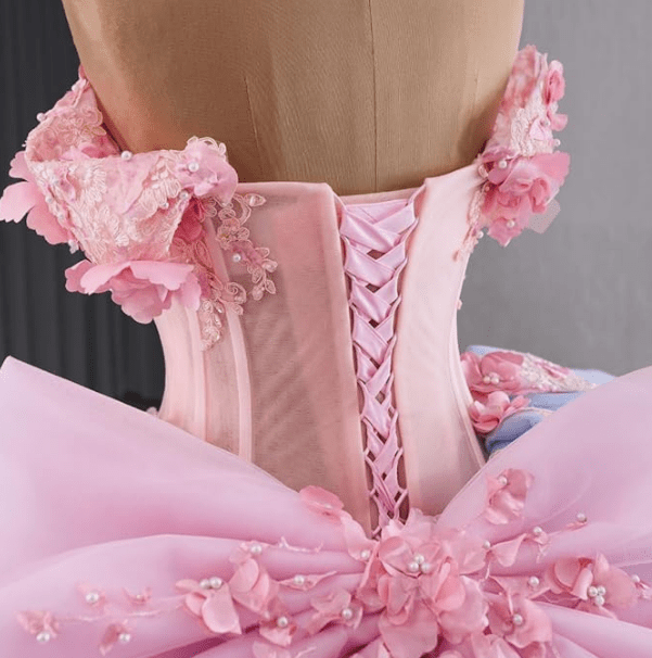 Sunnypetal Blue & Pink Off-Shoulder Flower Girl Ball Gown with 3D Floral Appliques