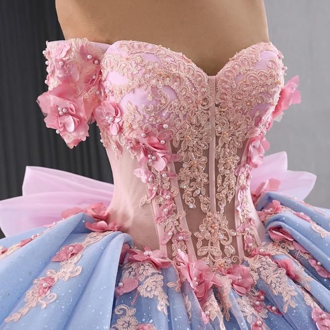 Sunnypetal Blue & Pink Off-Shoulder Flower Girl Ball Gown with 3D Floral Appliques